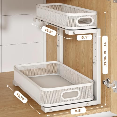2 Pack Under Sink Organizer With Smooth Cylindrical Rail,2-Tier Pull Out Multi-Purpose Cabinet Storage for Bathroom&Kitchen,Height Adjustable,Rust-resistant Coating-White - view 2