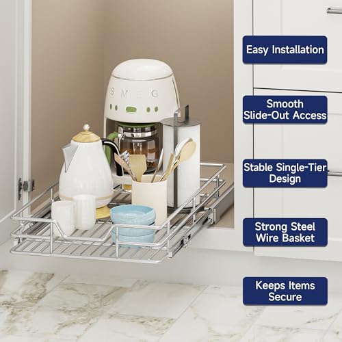 Pull Out Cabinet Organizer, 15.5" W x 21.5" D, Heavy Duty Chrome Slide Out Shelf for Base Cabinets, Sliding Wire Basket Drawer for Pantry Items, Bowls, Containers & Cleaning Supplies - view 4