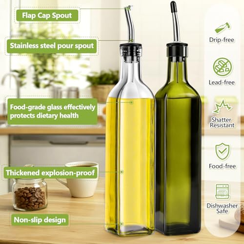 Glass Olive Oil Dispenser Bottle Set of 2, 17oz/500ml Kitchen Oil and Vinegar Cruet with Airtight Stainless Steel Pourer Spout, Funnel & Brush, Cooking Essentials for Salad Dressing (Clear) - view 2