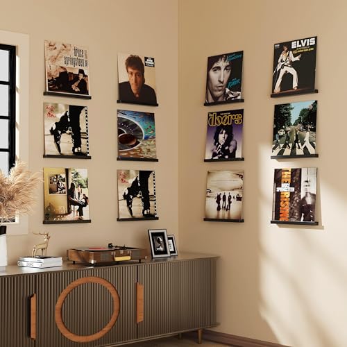 Vinyl Record Shelf Wall Mount, 12 Pack Album Record Holder Wall, 12 inch Vinyl Record Storage Shelves Wall, Wood Record Display for Living Room (Black) - view 4
