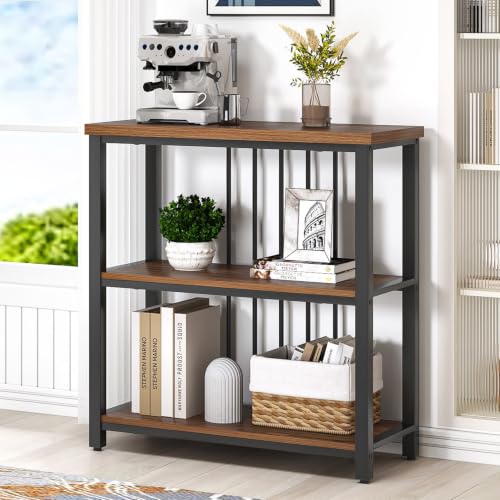 Bookshelf, Small Modern 3 Tier Bookcase, Wood and Metal Standing Storage Book Shelves for Living Room, Office, Bedroom (Rustic Walnut)