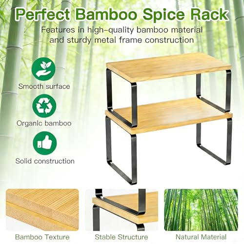 Bamboo Cabinet Organizer Shelf, Set of 2 Kitchen Counter Shelves, Stackable Expandable Spice Rack Kitchen Storage, Black and Natural Beige - view 5