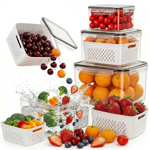 4 Pack Fruit Storage Containers for Fridge with Removable Colanders，4 in 1 Produce Storage Containers with Lids, Leakproof Fridge Organizer Bins for Salad Berry Lettuce Vegetables Meat Keeper Fresh