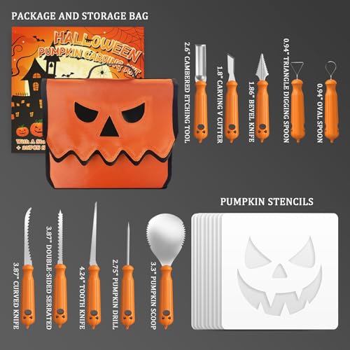 Halloween Pumpkin Carving Kit Tools, 10 PCS Professional Carving Knife with Unique Storage Bag and 25 PCS Pumpkin Carving Stencils, Stainless Carving Set for Halloween Decor, Home Essentials - view 2