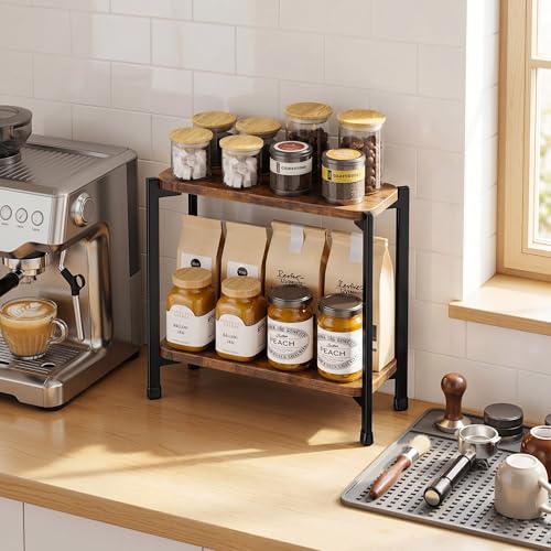 2 Tier Spice Rack Organizer for Kitchen Countertop, Wood and Metal Seasoning Shelf, Space-Saving Spice Organizer for Kitchen Counter, Coffee Bar and Dining Table, Brown - view 6