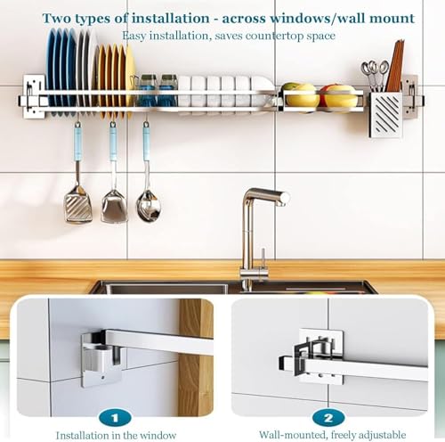 Heavy Duty Wall Mount Dish Rack, Stainless Steel Over Sink Drying Rack with Knife & Chopsticks Holder, Space Saving Kitchen Organizer for Apartment RV, Rust Proof Drainage System, 110Lbs Capacity - view 4