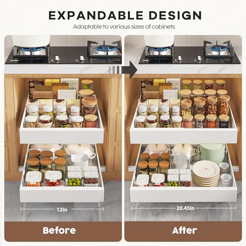 2 Pack Pull Out Cabinet Organizers 21"Deep with Raising Pad for Framed Cabinets,Expandable Slide Out Drawers Upgrade 3 Slide Rails,Roll Out Shelves Adhesive,Adjustable Width 12"-20.45" White - view 4