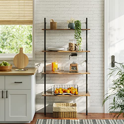 65" Industrial Wall-Mounted Ladder Shelf 4 Tier Bookshelf with Storage Organizer Plant Flower Display Stand Round Tube Bookcase Rack with 2 Hooks for Home Office,Large,Rustic Brown - view 5