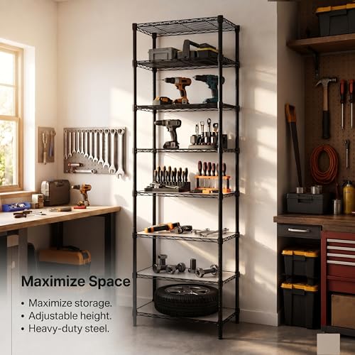 8-Tier Wire Shelving Unit Adjustable Steel Wire Rack Shelving, 80.7 Inches Height 8 Shelves Metal Storage Rack, Pantry Shelves for Storage with PE mat, NSF Certified, Black - view 4