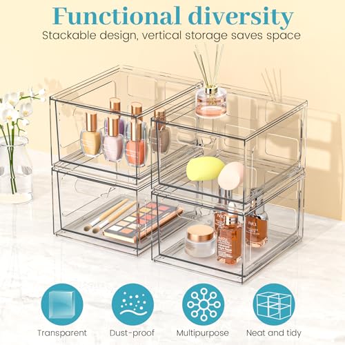4 Pack Stackable Plastic Makeup Organizer Drawers, Acrylic Organizers, Clear Storage Bins with Pull-Out Handles for Vanity, Kitchen Cabinets, Pantry - view 5