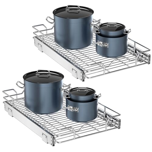 Pull Out Cabinet Organizer 2 Pack (15" W x 21" D), Pull out Shelves 1 Tier, Cabinet Slide Out Shelves for Base Cabinet Organization in Kitchen Bathroom Pantry, Bottom Mount, Chrome Finish