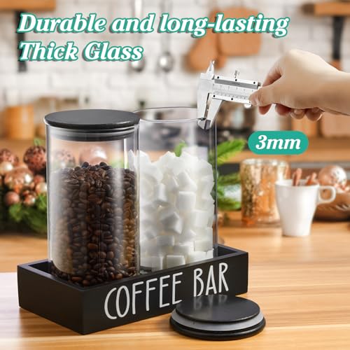 Glass Coffee Canister for Ground Coffee - 2Pcs 45oz Coffee and Sugar Container Set with Airtight Bamboo Lids and Black Tray - Farmhouse Coffee Bean Storage Jars for Coffee Bar Decor and Accessories - view 6
