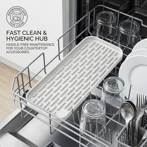 Silicone Organizer Tray, Soap and Sponge Holder for Kitchen Sink, Bathroom - Storage Tray for Dish Brush, Soap Dispenser, Dishwashing Accessories-(White 1 Pack, 12"x4.7") - view 5