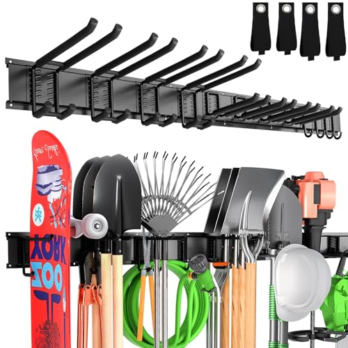 66" Garage Tool Organizer Wall Mount,20 PCS Wall Mounted Garden Tool Storage Rack Carries 720lbs, 4-Panel Steel Tool Hanger System for Shovels Rakes Brooms – Fits 16" Wall Studs