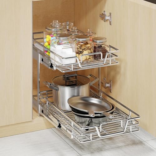 2-Tier Kitchen Cabinet Pull Out Shelf and Drawer Organizer Slide Out Pantry Storaqe Basket in Multiple Sizes (14" W x 21" D) - view 3