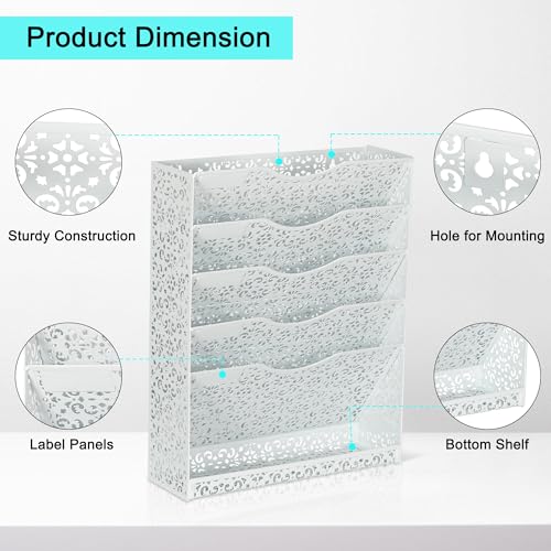 Desk File Organizer Heavy Duty Metal Wall Mount File Holder 5 Tier Mail Paper Folder Holder with Bottom Tray for Office Home Cubicle Countertop, White - view 3