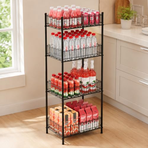 Water Bottle Organizer 4 Tiers Free Standing Water Bottle Holder Beverage Soda Can Drink Holder Stand Can Organizer Storage Rack for Pantry Kitchen Food Storage, Black