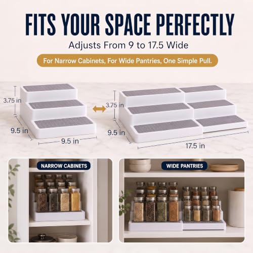 Plastic 3-Tier Expandable Spice Rack, Adjustable Length, Stability with Non-Skid Shelf, For Easy Visibility, Organizer for Kitchen Cabinet, Pantry or Countertop, (2-Pack), White/Grey - view 3