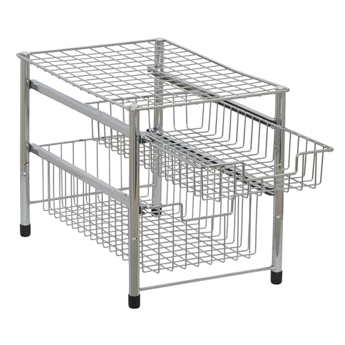 Free Standing Two Basket Sliding Cabinet Organizer with Metal Frame, Silver Finish - view 6
