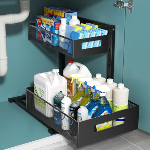 Under Sink Organizer, Metal Under Sink Organizers and Storage, Slide Out Pull Out Cabinet Organizer for Kitchen, Bathroom, Pantry, Laundry, Study, Black - view 2