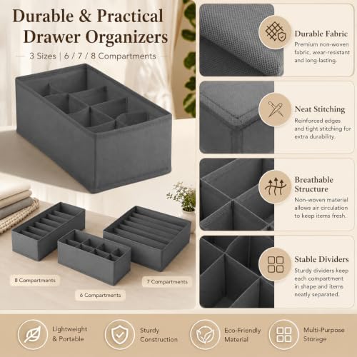Drawer Organizer Foldable Storage Bin, 1 Pack Stackable Fabric Box for Lingerie Socks Underwear Bras, 6 Compartment Collapsible Insert for Closet Bedroom Travel Gray - view 7