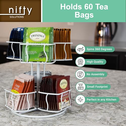 Nifty Tea Bag Spinning Carousel – 6 Compartments, Up to 60 Tea Bags Storage, Spins 360-Degrees, Lazy Susan Platform, Modern White Design, Home or Office Kitchen Counter Organizer - view 4