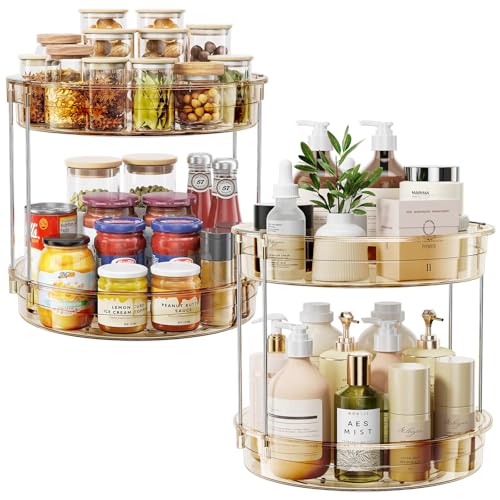 2 Pack 2 Tier Lazy Susan Turntable Organizer 12'' Rotating Spice Rack Organization for Cabinet, Kitchen, Pantry, Countertop, Bathroom, Vanity, Medicine Cabinet Organizer, Amber