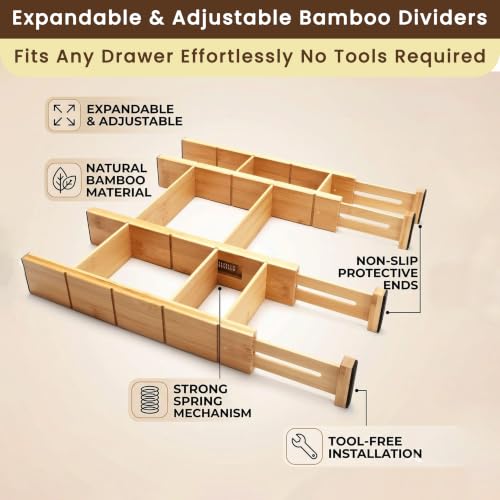 6 Pack Bamboo Drawer Dividers with 12 Inserts, Adjustable 17–22 Inch Expandable Drawer Organizer for Kitchen, Dresser & Closet, Bamboo Kitchen Drawer Organizer, Drawer Divider Set - view 6