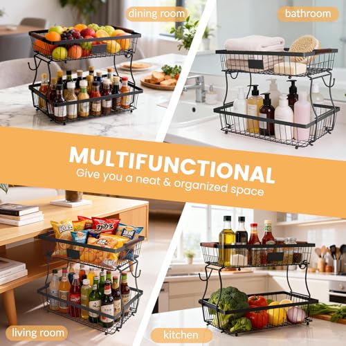 2-Tier Stackable Wire Basket with 2 Banana Hooks, Pantry Organizer for Kitchen Countertops, Cabinets & Under-Sink Spaces; Ideal for Storing Snacks, Fruits, Veggies, Onions, Potatoes, & More,Black - view 3