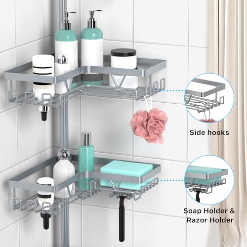 Shower Caddy Tension Pole, Bathtub Organizer, Light Gray - view 3
