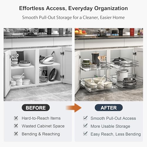 2 Tier Pull Out Cabinet Organizer - 8" W x 22" D Soft Close Slide Out Shelves with Shelf Liners - Pullout Drawers for Kitchen Cabinets, Pantry, Bathroom, Heavy Duty Steel Wire Baskets - view 5