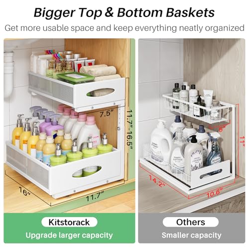 Under Sink Organizer, 2-Pack Pull Out Cabinet Organizer 2 Tier Metal Slide Out Storage Shelf Rack, L-Shaped Adjustable Height,Mesh Sliding Drawer for Kitchen, Bathroom, Laundry, Pantry, White, XL - view 3