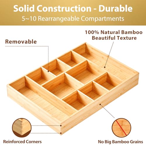 Extra Large Bamboo Desk Drawer Organizer, Wood Junk Organizer Tray with Adjustable Dividers, Anti-Skip Storage Organization in Office Bathroom Drawer for Vanity, Makeup, 17" x 12" - view 5