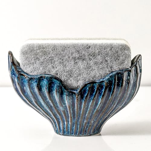 Blue Ceramic Fishtail Sink Sponge Holder Caddy Organizer