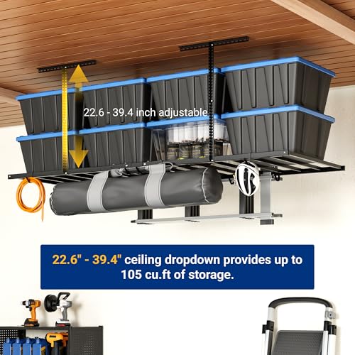 4x8 Overhead Garage Ceiling Storage Rack with 6 Hooks, Black - view 5
