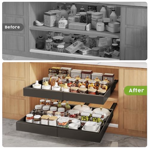 2 Pack Pull Out Cabinet Organizers 21"Deep with Raising Pad for Framed Cabinets,Expandable Slide Out Drawers Upgrade 3 Slide Rails,Roll Out Shelves Adhesive,Adjustable Width 12"-20.45" Black - view 6