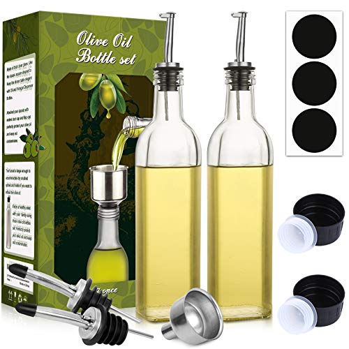 [2 PACK] 17 oz Glass Olive Oil Dispenser Bottle Set - 500ml Clear Oil & Vinegar Cruet Bottle with Pourers, Funnel and Labels