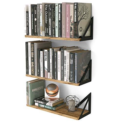 Minori Floating Shelves Set of 3, Small Bookshelf Unit for Living Room, Office, and Bedroom, Natural Burned Rustic Wood Wall Decor with Metal Floating Shelf Bracket 6D x 17W x 5.5H in