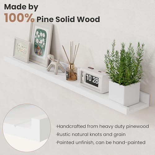 Floating Shelves for Wall, 24 inch Solid Wood Picture Ledge Shelf, Picture Shelf for Wall with Ledge, Floating Book Shelves for Living Room Bedroom Kitchen Nursery Decor, White, Set of 2 - view 4