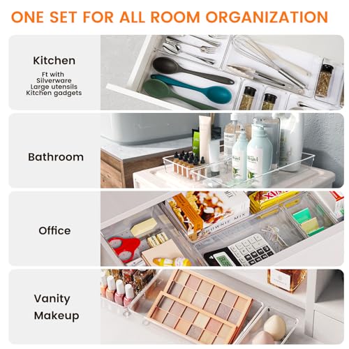16 Pack Large Clear Plastic Drawer Organizer Bins - 5 Size Acrylic Bathroom and Vanity Organizers and Storage Trays for Makeup Office Home, Kitchen Drawer Organizer for Utensils, Gadgets - view 3