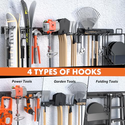64'' Garage Tool Organizer Wall Mount, 620lbs Heavy Duty Metal Storage Rack | Adjustable Hooks Garden Tool Organization System | Anti-Rust Shed Rack for Hanging Shovel, Rake, Broom, Snowboard - view 3