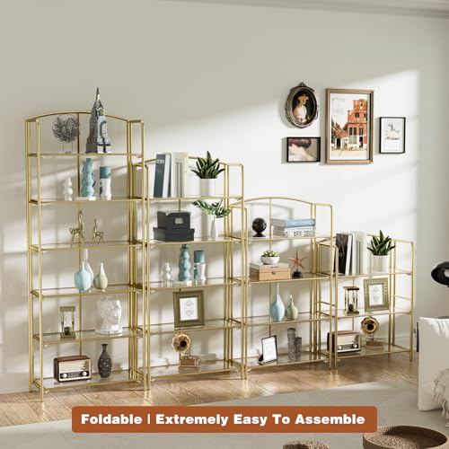 5-Tier Wider Foldable Bookshelf, Gold Frame & Transparent Shelves - view 6