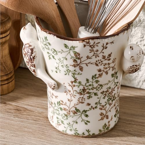 6.34'H Utensil Holder for Kitchen Counter, Modern Farmhouse Cooking Utensil Holder and Crock Home Kitchen Decor, Ceramic Utensil Organizer for Spatula, Ladle, Eggbeater, Rolling Pin- Green and Beige - view 3