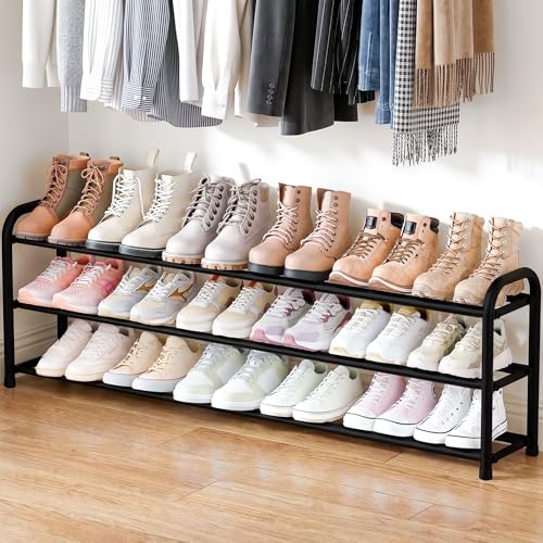 3 Tier Expandable Shoe Rack, Metal Small Shoes Shelf, Black