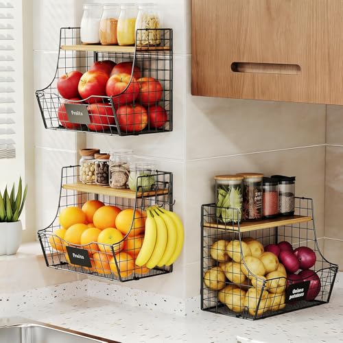 3 Pack wire Fruit Basket for Kitchen with Wood Lid - Counter&Wall Mounted Onion and Potato Storage with Nameplate, Hanging Baskets for Vegetable,11.81 * 10.63 * 8.66 Inch - view 4