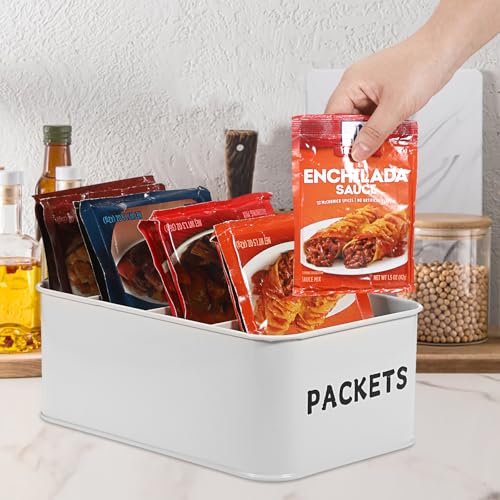Seasoning Packet Organizer, Food Storage Organizer with Divided 4 Compartments, Metal Storage Caddy for Kitchen Pantry Cabinet, Kitchen Organization Bin for Snacks Spice Packets, White - view 7