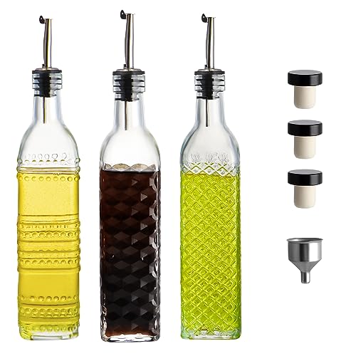 Oil and Vinegar Dispenser Set, 17oz Clear Glass Olive Oil Bottles, Kitchen Vinegar Decanters with 3 Spouts, 3 Plugs, 1 Funnel, Pack of 3 (Square)