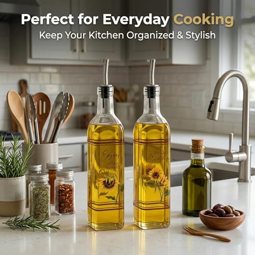 Olive Oil Dispenser Bottles, 17oz Glass Set of 2, Sunflower - view 3