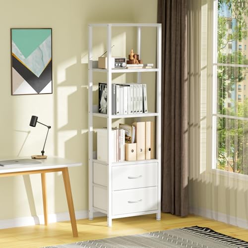 4-Tier Corner Shelf,White Narrow Bookshelf with 2 Storage Drawers - view 2