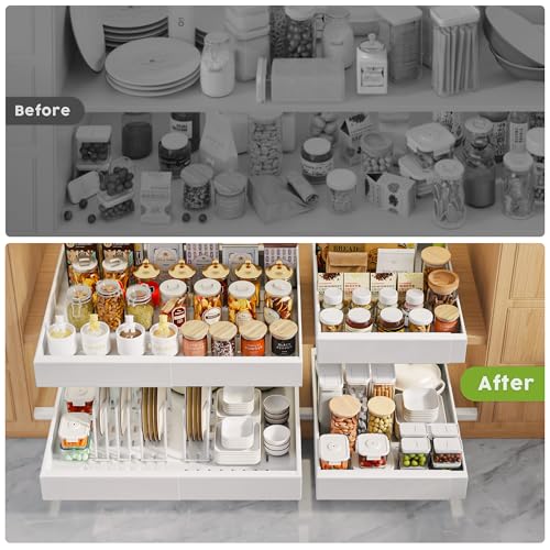 4Pack Expandable Pull Out Cabinet Organizer 21"Deep with Raising Pad for Framed Cabinets,Slide Out Drawers with 4pcs Divider Racks,Roll Out Shelves Adhesive,Adjustable Width 12.05"-20.4"White - view 6